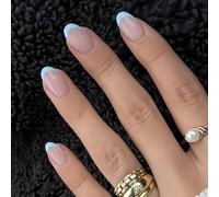 24PCS Short Almond Blue French Press On Nails - Shiny Chrome & Elegant French Tip Design, ABS Material Fake Nails with Jelly Adhesive Tabs, for Women Girls, Ideal for Work, Date & Events