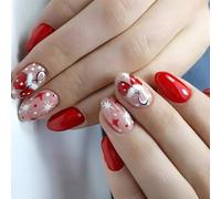 24Pcs Short Almond Christmas False Nails Gloves Stick On Nails Winter Nails Art Ornament Press On Nails For Women