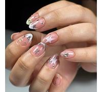 24pcs Short Almond False Nails French Tip Press on Nails White Edge Transparent Nude Pink Stick on Nail Tips with Star Shiny Rhinestone Accents Removable Glue-on Fake Nail Art Accessories for Women