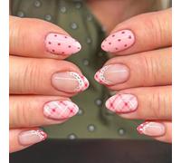 24pcs Short Almond False Nails Pink French Tip Press on Nails Strawberry White Lace Stick on Nail Tips with Pink Polka Dot Plaid Accents Removable Glue-on Fake Nail Art Accessories for Women