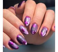 24pcs Short Almond False Nails Purple Cat Eye Press on Nails Glitter Star Design Stick on Nail Tips with Shimmery Finish Removable Glue-on Fake Nail Art Accessories for Women