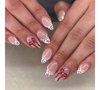 24pcs Short Almond False Nails, White Lace French Tip Press on Nails with Red Flower Bow Design, Nude Pink Stick on Nail Tips Removable Glue-on Fake Nail Art Accessories for Women