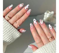 24pcs Short Almond False Nails with 3D Bows Designs Artificial Full Covers Stick on Manicure Decoration