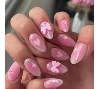 24pcs Short Almond False Nails With Bows French Glossy Acrylic Suitable For Work School And Social Event Artificial Nail