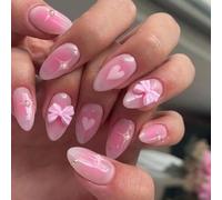 24pcs Short Almond False Nails With Bows Pattern Glossy Finish Stick On Nails For Fashionable Women And Teens Nail Accesories