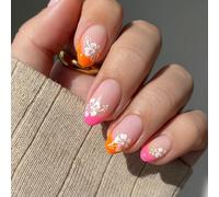 24PCS Short Almond Floral Press On Nails - French Tip False Nails with Jelly Tabs for Quick Application | Stick On Fake Nails for Women with Natural Finish and Elegant Design
