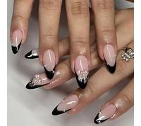 24PCS Short Almond French Tip Black Press on Nails, Glossy Removable Glue-on Set With Stickers, Acrylic Full Cover Stick on for Women Girls