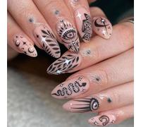 24PCS Short Almond French Tip Press On Nails - Black Snake & Star Fake Nails Stick On Extensions for Women Summer Glitter Design with No Chip Finish Easy Application for Daily Wear