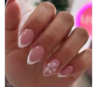 24PCS Short Almond French Tip Press On Nails with White Fingertip - Pink Floral False Nails for Women, ABS Material with Jelly Adhesive Tabs, for Work, Date Nights and Parties