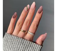 24PCS Short Almond Pink Glitter Press on Nails - Glossy Full Cover Reusable Acrylic Fake Nails, Soft & Natural, Professional DIY Manicure for Women