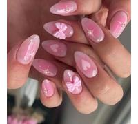 24pcs Short Almond Press On Nails Full Covers French Stick on Nails With 3D Bows Designs Glossy False Nails For Women