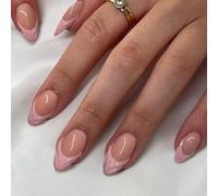 24PCS Short Almond Press on Nails - Glossy Nude Pink Wave French Tip Full Cover Acrylic Fake Nails, Multiple Sizes with Glue, Elegant Stick On Nails for Women