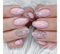24PCS Short Almond Press-On Nails - Glossy Pink Glitter French Tip Fake Nails with Glue Stickers. Full Cover Oval Acrylic False Nails for Women & Girls