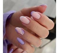 24PCS Short Almond Press-On Nails, Pink Purple French Ombre & Swirl Fake Nails, Glossy Full Cover in 12 Sizes, Eco-Friendly Non-Toxic Material with Tools for Women & Girls