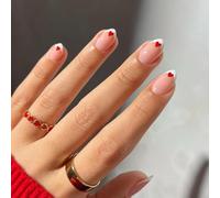 24PCS Short Almond Press on Nails - Red Heart & French Tip Design, Easy Stick-on Fake Nails for Women & Girls, Reusable Glossy Manicure Set