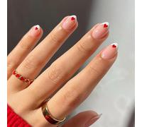 24PCS Short Almond Press on Nails - Red Heart French Tip Design - Reusable False Nails with Accessory Tools - 12 Sizes for Women - Easy to Apply DIY - Made of Safe ABS Material(French Red Heart)