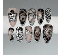 24Pcs Short Almond Press on Nails - Summer Nails with 3D Flowers Shading Silver Chrome Design - Full Cover Black Fake Nails, Colourful Fine Stick on nails for Women Girls