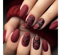 24Pcs Short Almond Press on Nails, Wine Red Rose Flowers False Nails, Elegant Solid Color Reusable Acrylic Full Cover Glue on Nails for Women DIY Manicure, Easy to Apply, No Glue Needed