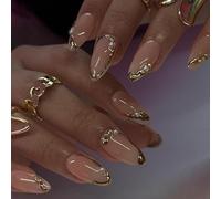 24PCS Short Almond Press on Nails with 3D Gold French Tip & Pearl Design - Glossy Nude Fake Nails for Women, Includes Jelly Glue & Nail File (1)