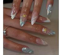24PCS Short Almond Press On Nails With 3D Sea Starfish Shell Design And Blue White French Tip - Featuring Pearls And Glossy Iridescent Sheen For Easy DIY Application And Everyday Wear
