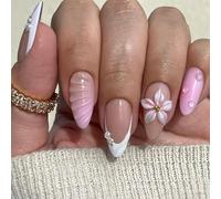 24PCS Short Almond Press On Nails with Glossy French Tip & 3D Flower Design - Summer Fake Nails for Women, Handmade Stick On Set with Ombre Square & Coffin Shapes for Stylish Looks