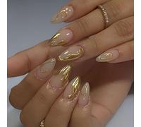 24PCS Short Almond Press on Nails with Gold Stripe Design, 3D Full Cover Fake Nails, Reusable Stick-on Art with Jelly Adhesive Tabs, Easy to Apply, Premium Eco-Friendly ABS Material