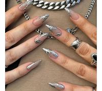 24PCS Short Almond Press On Nails With Jelly Adhesive Tabs, Nude Base Molten Chrome 3D French Tip, High Gloss Fake Nails For Women, 12 Sizes Full Set Stick On False