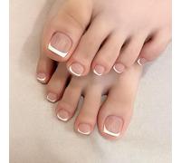 24PCS Short Almond Press On Toe Nails with French Tip Designs - Elegant Fake nails Kit, Natural Pink Base & Crisp White Tips, Strong Long Lasting Halloween for Women Girls