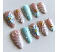 24Pcs Short Almond Shape False Nails with 3D Star Flower Design for Summer Beach Party - Soft Pink Feather Light Blue Pearl Press on Nails ABS Material Comfortable Fit Easy Application Tool Included