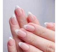 24PCS Short Almond Shaped French Manicure False Nails - Classic Nude Base and Crisp White Tips for a Professional Look with Easy Application for Women, Includes Jelly Tabs and Nail File for Special