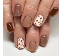 24PCS Short Autumn Gold Glitter Press On Nails - Handmade Maple Leaf Foil & Crushed Amber | Eco Gel Tabs Kit for Bonfire Night, UK Narrow Nail Beds