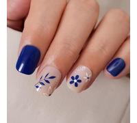 24PCS Short Blue Press-On Nails with Accessory Tools, Square Flower Fake Nails for Women & Girls, Easy Stick-On Nail Art in 12 Sizes, Durable ABS Material for Long-Lasting Wear