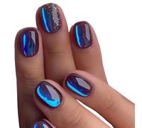 24pcs Short Blue Short Squared Oval False Nails For Girls Press On Nail To Stick On Wear Nail Art With Glue Detachable Manicure Summer Luxury
