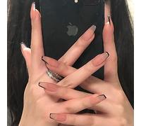 24PCS Short Coffin False Nails with Glue Stickers, Coffin Full Cover Acrylic Press on Nails no Glue,Black French Fake Nails for Women and Girls Nail Art.