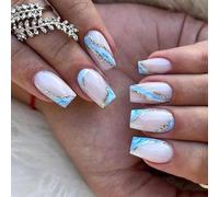 24PCS Short Coffin Press On Nails with Gold and Blue Stripes, Full Cover False Nails with Jelly Adhesive Tabs, Eco-Friendly ABS Art Accessories for Women and Girls