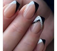 24PCS Short Coffin Square Press On Nails with Black White French Tip & Rhinestone Accent - Elegant Nude Base Reusable ABS Fake Nails Set for Women, Chic Low Maintenance Manicure Kit