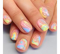 24PCS Short Colorful Press on Nails - Rainbow Swirl False Nails with Flowers Vibrant Tips for Women Bright Pink Yellow Blue Set for Daily Wear Festival Vacation DIY