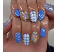 24pcs Short False Nails, Blue White Press on Nails with Stripe Checkered & Polka Dot Design, Flower Bee Print Stick on Nail Tips Removable Glue on Acrylic Fake Nail Accessories for Women
