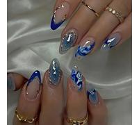 24Pcs Short False Nails French Tip - Almond Press on Nails - 12 Sizes Golden Stereoscopic Blue Smudge Pattern Stick on nails - Fake Nails with Glue - Almond Nail Tips Glue on Elegant for Women