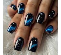 24PCS Short False Nails, French Tip Press on Nails Square, Blue Starry Sky Glitter Fake Nails Natural Acrylic Glue on Nail, Reusable Glossy Full Cover Stick on Nail for Women Girls DIY Nail Art