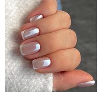 24PCS Short False Nails - Nude Press on Nails French Tip - Square Fake nails with Glue - Smooth Glazed Finish Stick on Nails - Full Cover Acrylic Nail Tips - Long Lasting Glue on nails for Women DIY