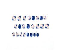 24pcs Short False Nails Royal Blue Stick on Nails Hand drawn flowers Press on Removable Glue-on Fake Nail Women Girls Bridal DIY Reusable Nail Art Accessories