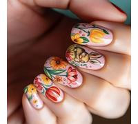 24pcs Short False Nails Square Press On Full Covers Stick On With Floral Designs Decoration Easy To Apply Spring Nail
