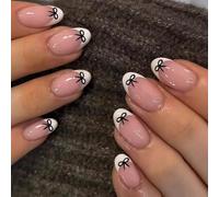 24pcs Short False Nails with Glue - French Tip Press on Nails Almond - Black Bow-Tie Stick on nails French Tip - Nude Fake Nails Glue on - Elegant Almond nail Tips Full Cover for Women Girls Long Last