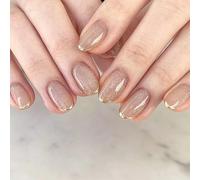 24PCS Short False Nails with Glue Stickers,Almond Full Cover Acrylic and Press on Nails no Glue,Apricot Golden Edge French Fake Nails Stick for Women and Girls Nail Art.