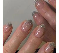 24PCS Short False Nails with Glue Stickers,Almond Full Cover Acrylic and Press on Nails no Glue, Pink Silver Star French Fake Nails Stick for Women and Girls Nail Art