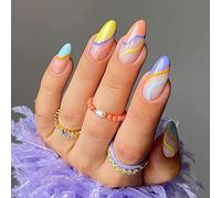 24PCS Short False Nails with Glue Stickers,Almond Full Cover Acrylic and Press on Nails no Glue, Rainbow Line French Fake Nails Stick for Women and Girls Nail Art.