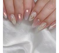 24PCS Short False Nails with Glue Stickers,Almond Full Cover Acrylic Press on Nails no Glue,Aurora Sun Moon French Fake Nails for Women and Girls Nail Art