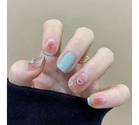 24PCS Short False Nails with Glue Stickers, Coffin Full Cover Acrylic and Press on Nails no Glue, Blue Edge Love French Fake Nails Stick for Women and Girls Nail Art