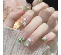 24PCS Short False Nails with Glue Stickers, Coffin Full Cover Acrylic and Press on Nails no Glue,Fresh Flower French Fake Nails Stick for Women and Girls Nail Art